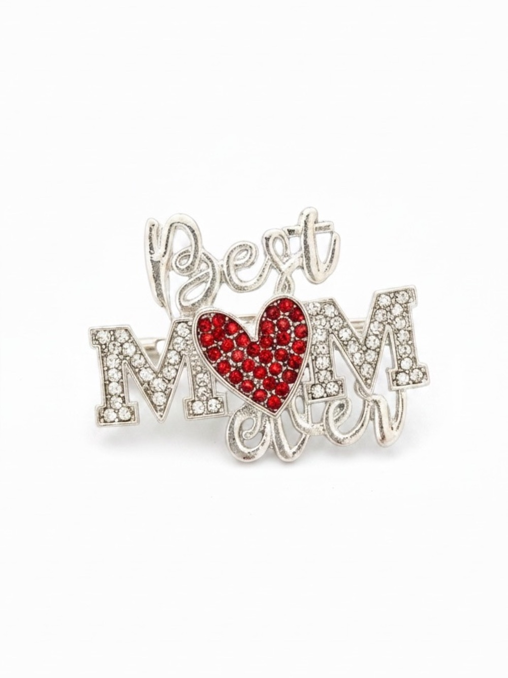 NEW Silver Best Mom Ever Allover Rhinestone & Heart 1.5" Brooch Pin Mother's Day
